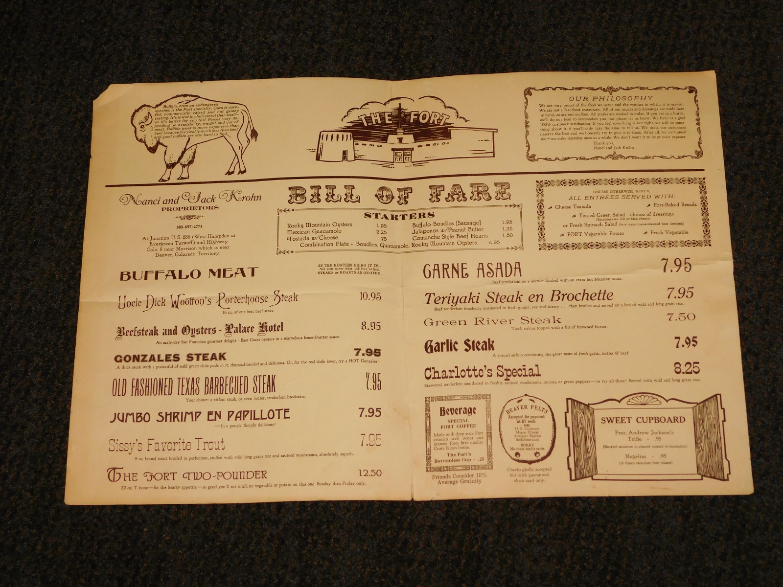 VINTAGE  THE FORT RESTAURANT BILL OF FARE DENVER COLORADO NANCI JACK KROHN MENU