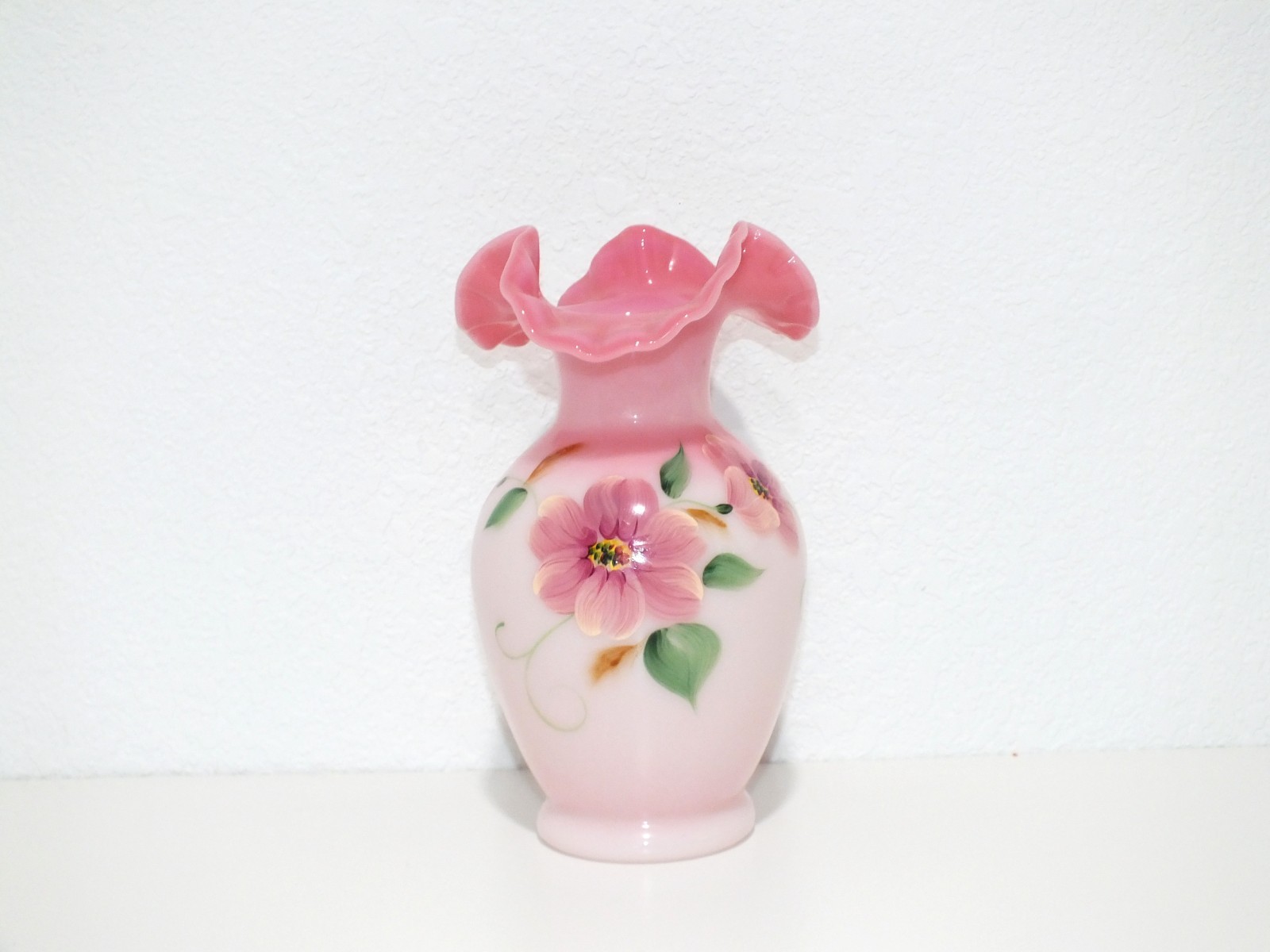 Vintage Hand Painted Fenton Pink Rosalene Glass Vase 2004 Honor Collection