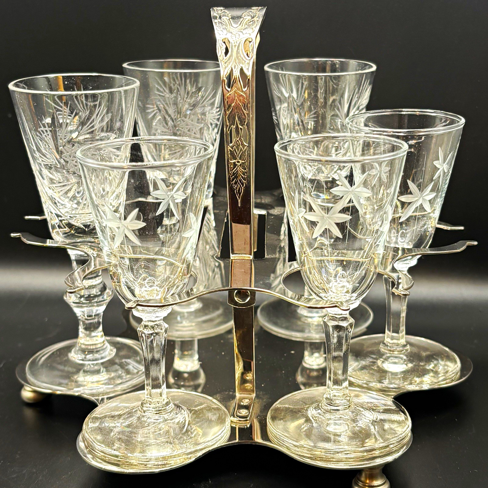 Vintage Farberware Brooklyn NY Chrome Cordial Caddy Set Cut Crystal Stemware 7pc