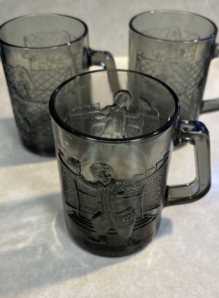 3 Vintage 1970’s McDonald\'s Smoked Mug Captain Crook Baseball & Ronald Mc Donald