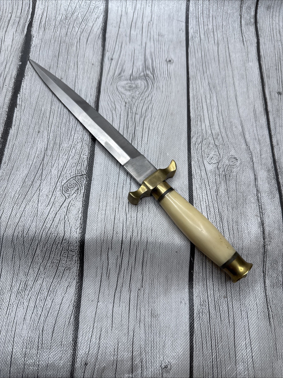 Vintage Heavy Brass Guard Stiletto Dagger Knife Bone Handle Unmarked