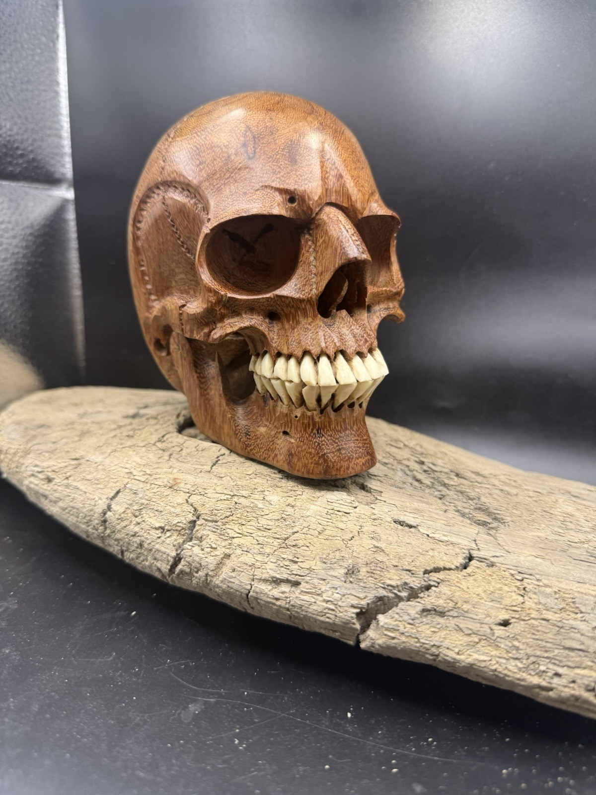 Hand carved Wooden Skull With   Teeth