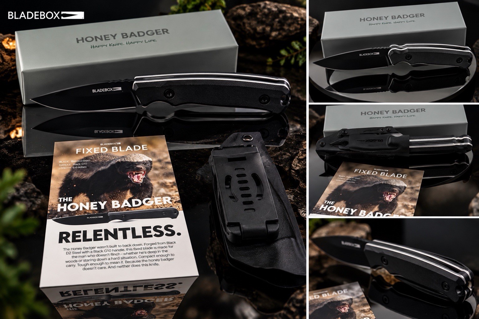 BladeBox Honey Badger D2 Fixed Blade Knife G10 Sheath NIB