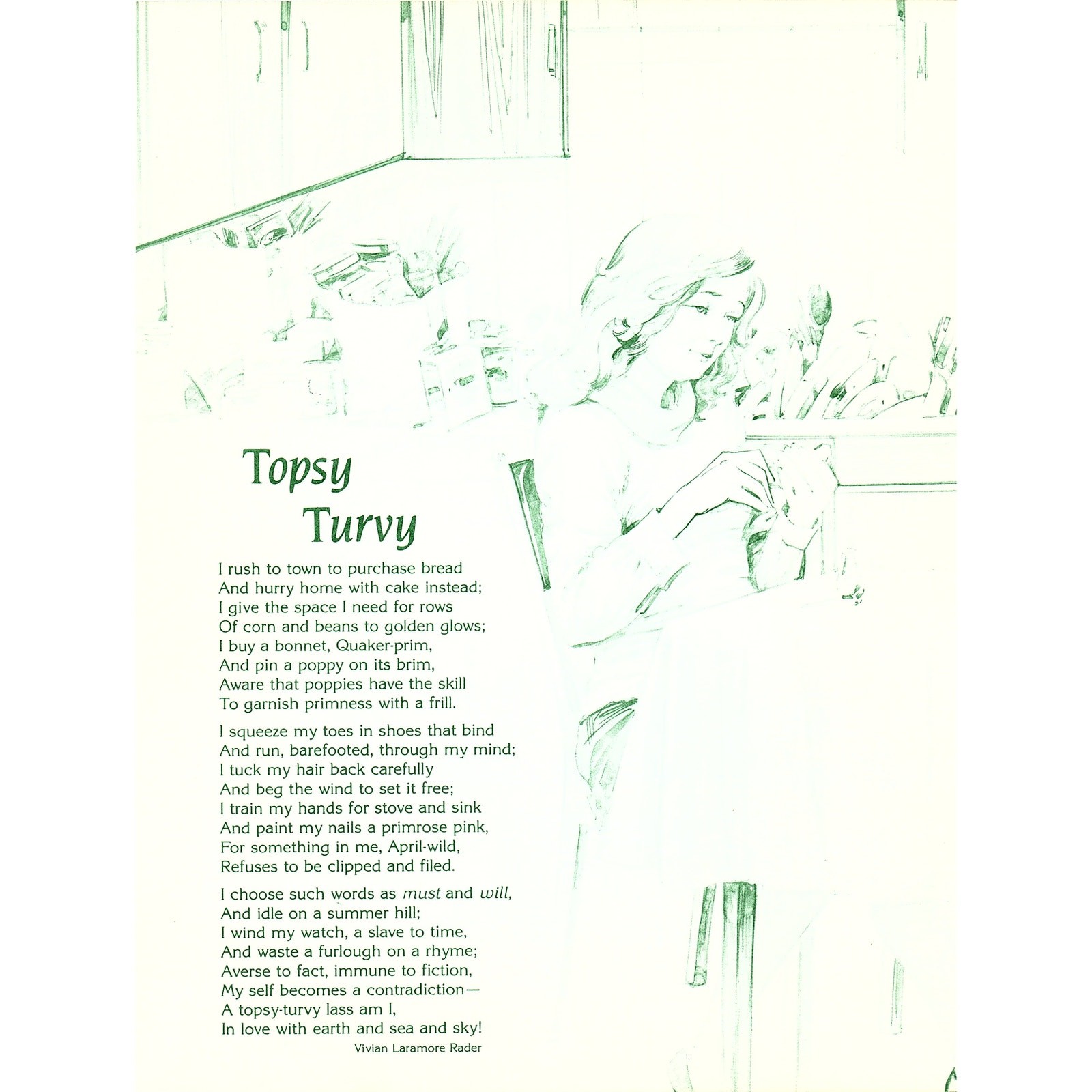 Topsy Turvy Vivian Laramore Rader 1980s Poem Retro Kitsch Wall Art SE7