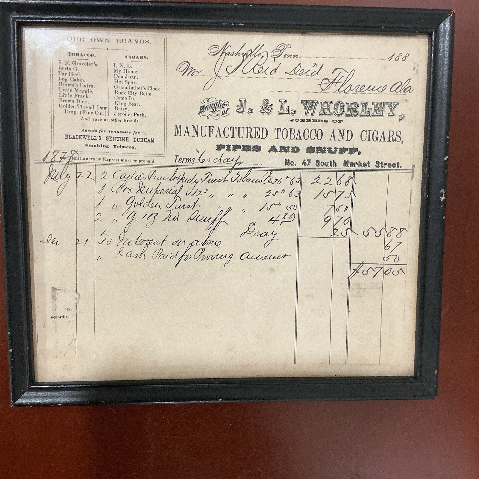 Tobacco & Cigars Receipt from 1878 J & L Whorley Nashville Tennessee