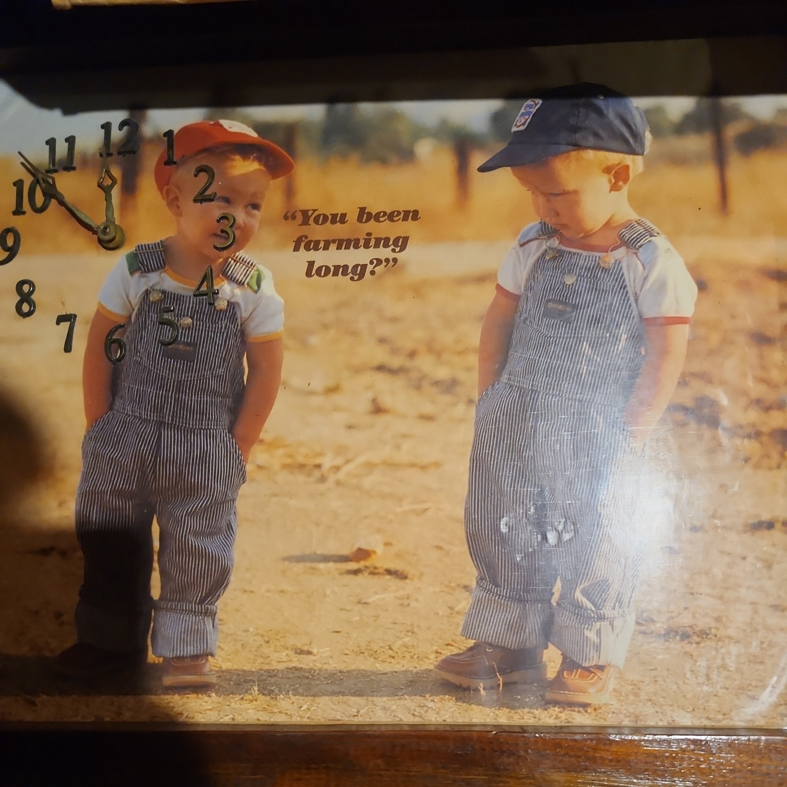 Vintage Osh-Kosh Overalls Framed Picture Farming Boys With working clock.