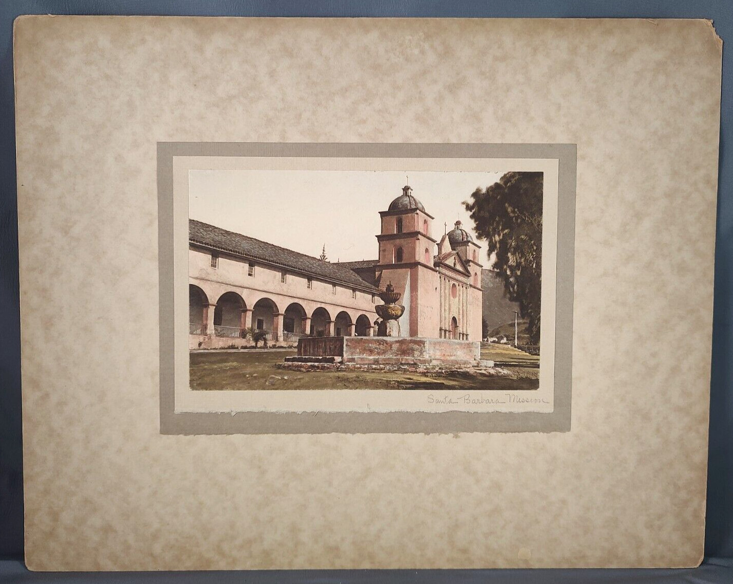 Antique Photogravure Santa Barbara Mission by A. W. Elson Boston Hand Colored