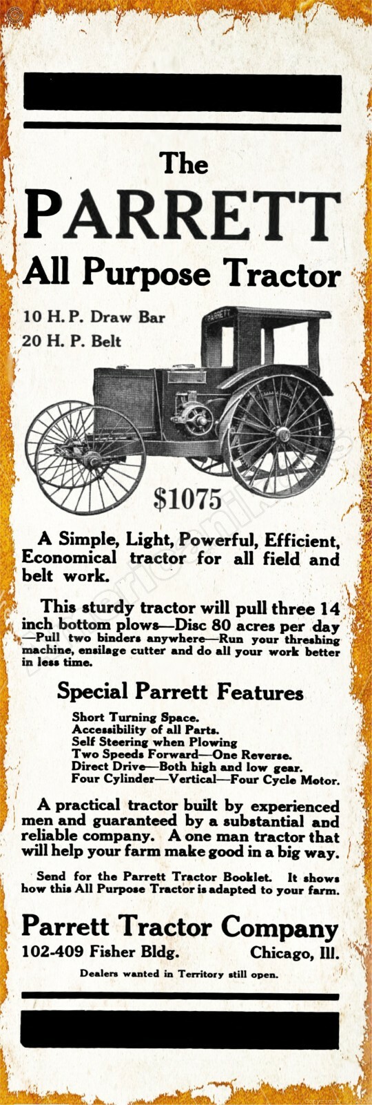1915 Parrett Tractors New Metal Sign, 12\