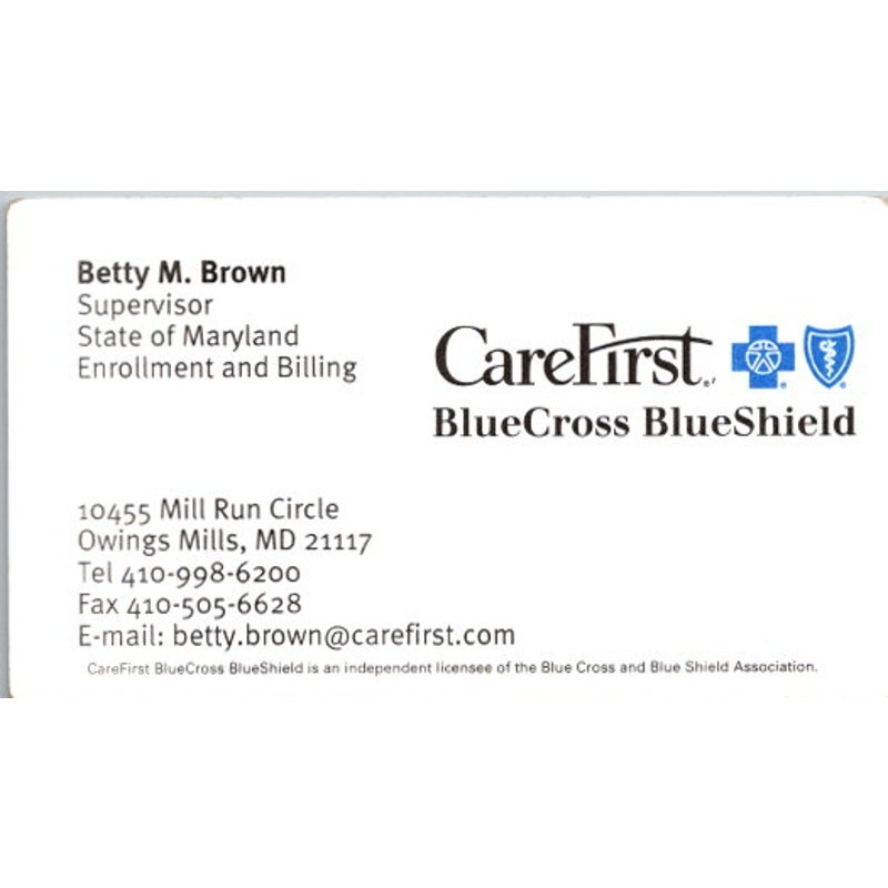 CareFirst BlueCross Betty Brown Owings Mills MD Vintage Business Card STB7-BC12