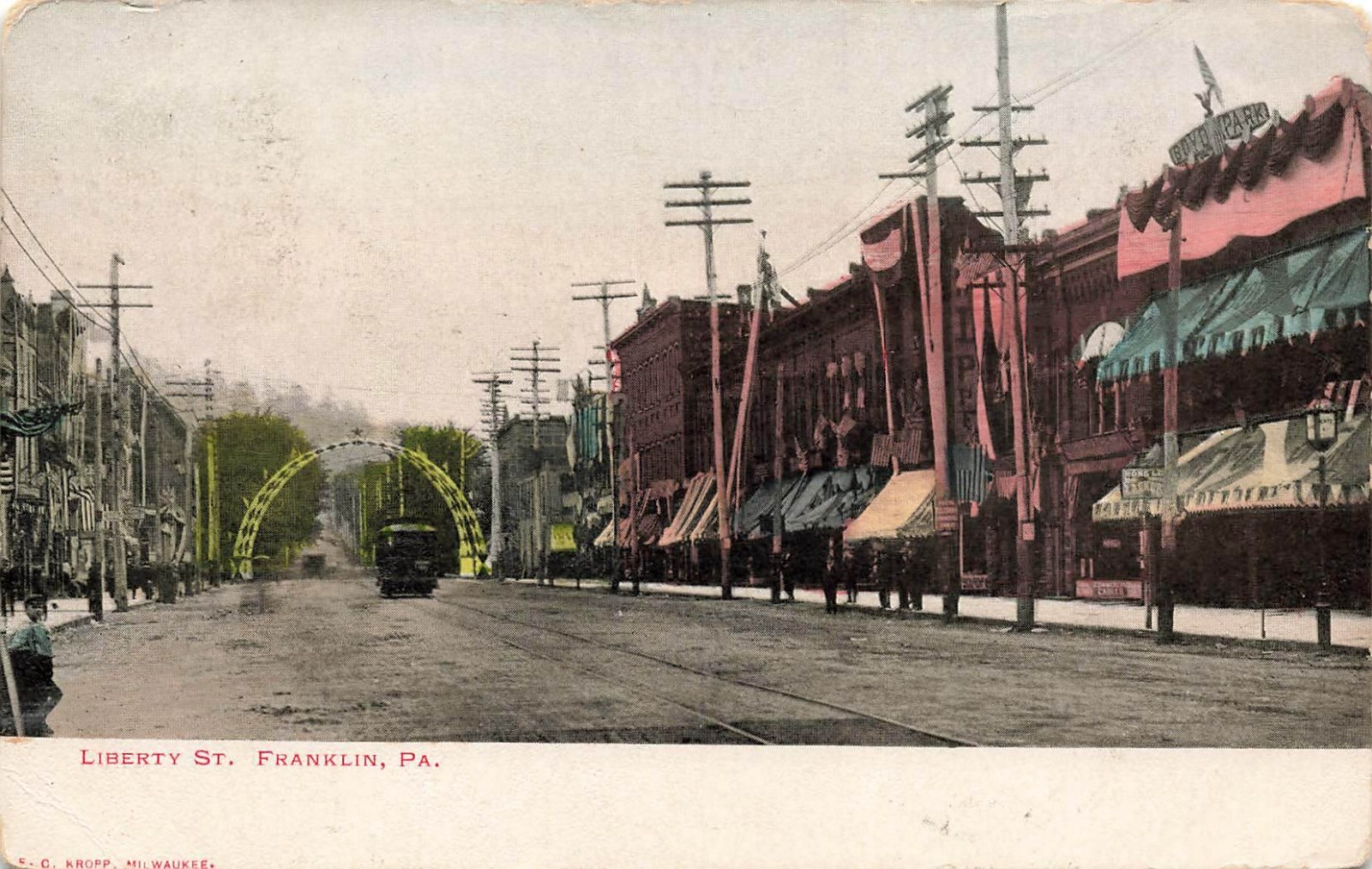 1906 PENNSYLVANIA POSTCARD: TROLLEY ON LIBERTY ST., FRANKLIN, PA UND/B