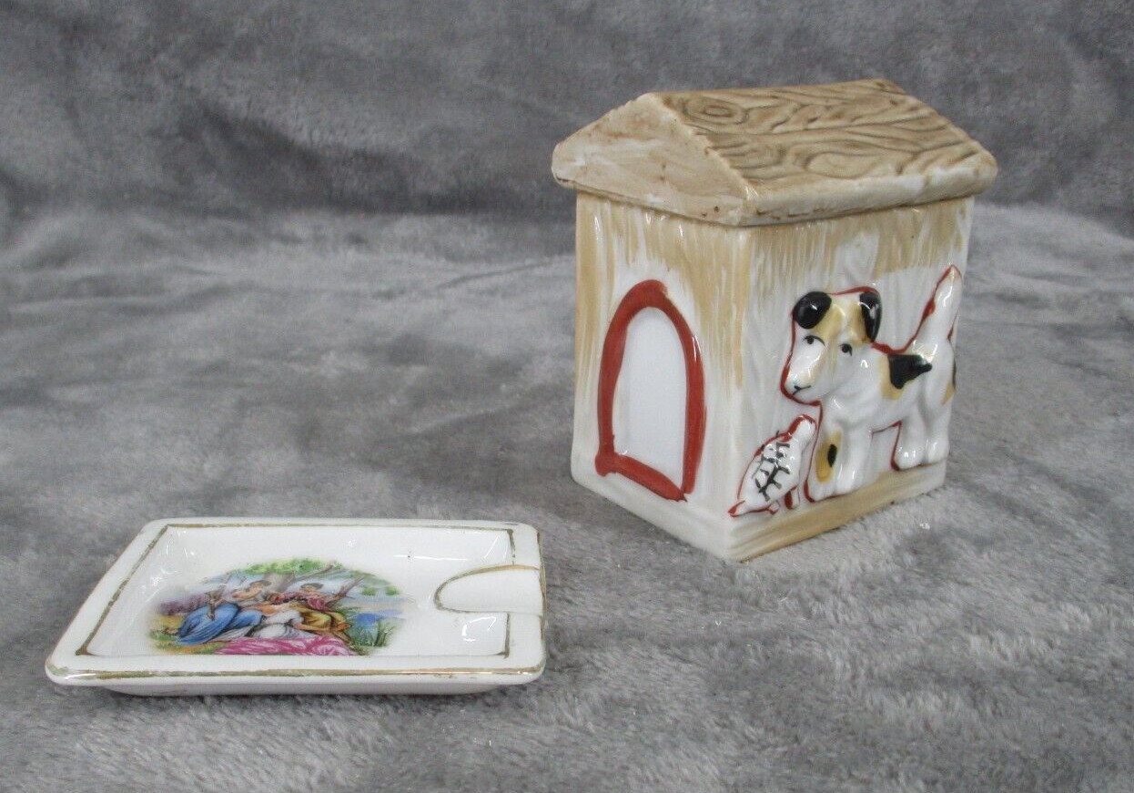 Japanese Ashtray With Gold Trim And Dog House Trinket Box Ceramic Vintage