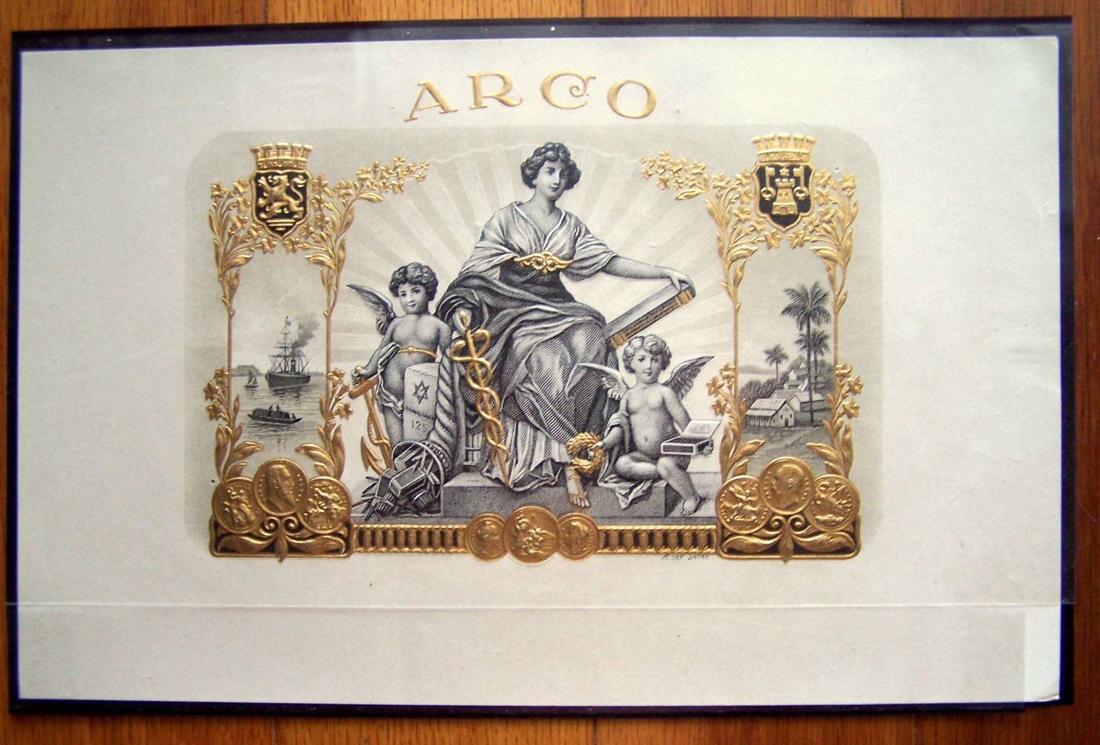 SCARCE Old Original ARCO Cigar Label - WOMAN w/2 Cherub Angels - Gold Relief