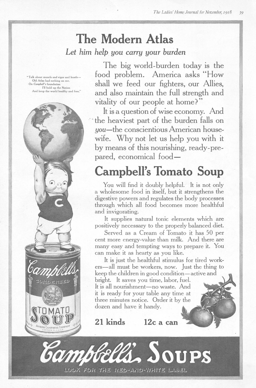 1918 Campbells Soup Antique Print Ad WW1 Era The Modern Atlas Carry Your Burden
