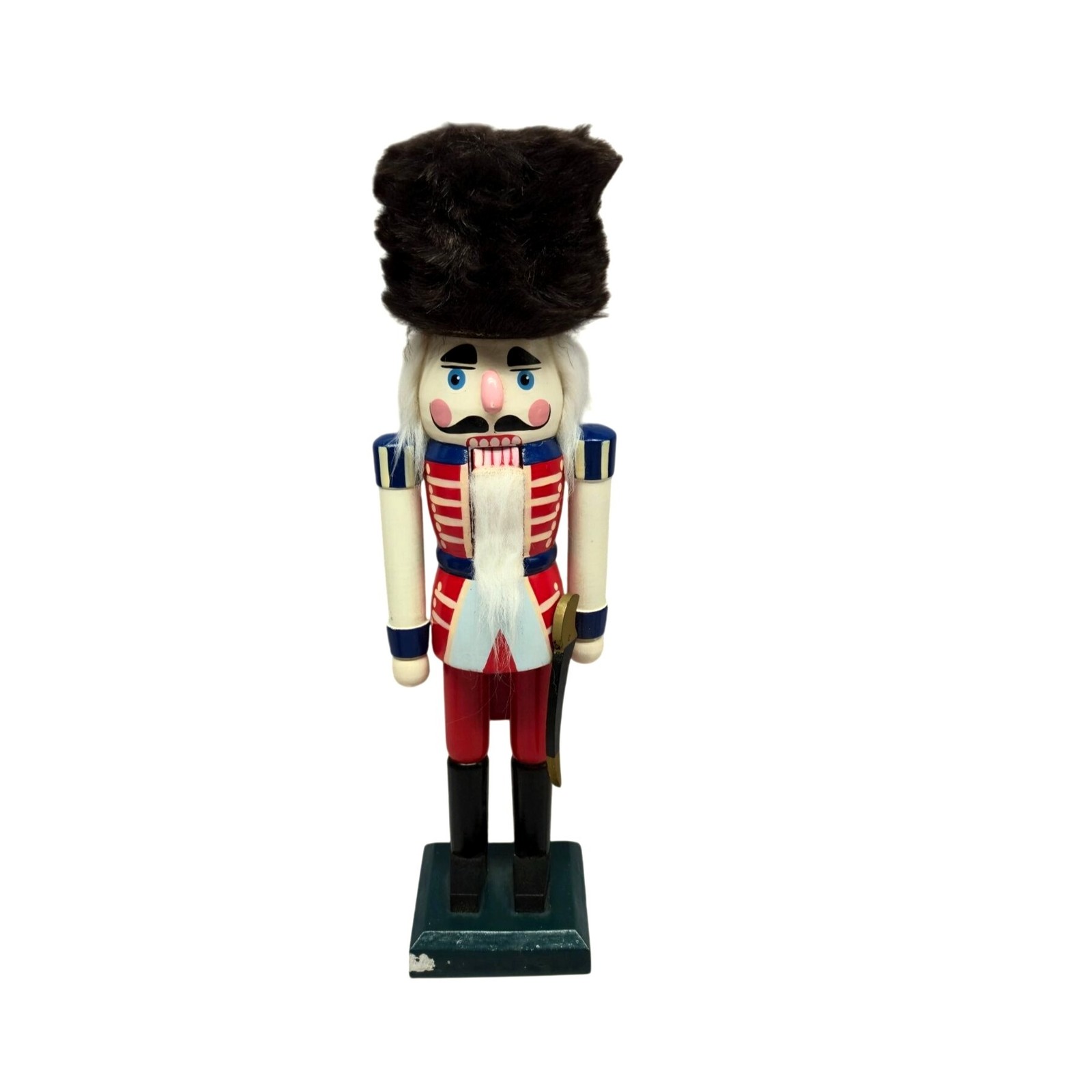VTG Hand-Painted Wooden Nutcracker Soldier w/ Black Fur Hat Sword German style 