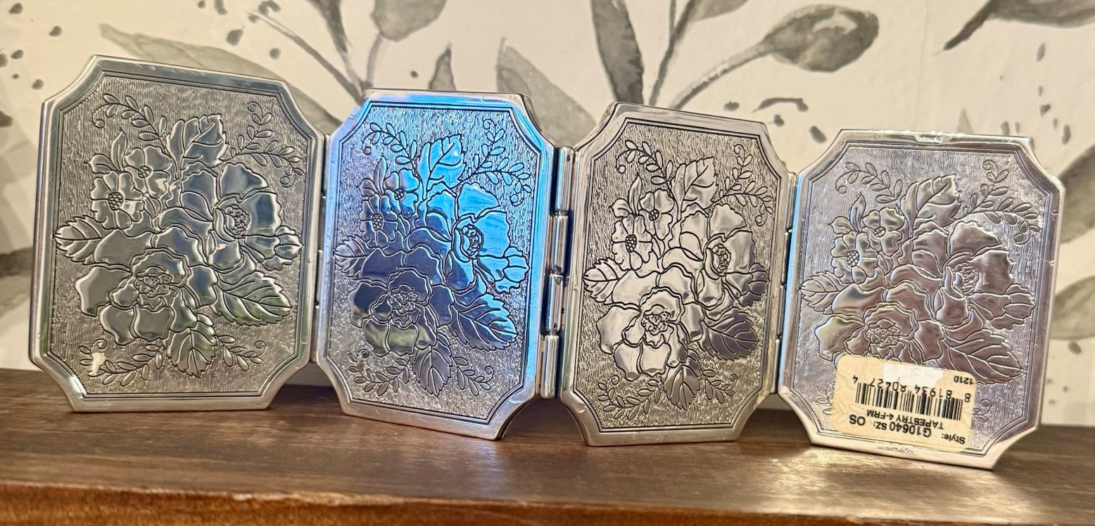 Brighton Tapestry 4-FRM Tri-Fold Folding 4-Photo 4x3 Silver Plated Floral