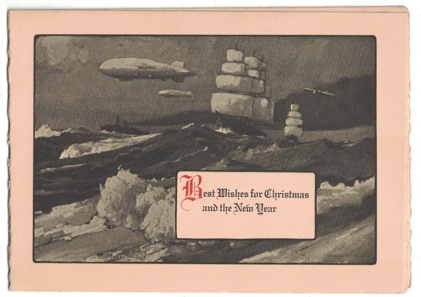 ANTIQUE 1928 CHRISTMAS WISHES U.S. NAVY ZEPPELINS LAKEHURST NEW JERSEY CARD