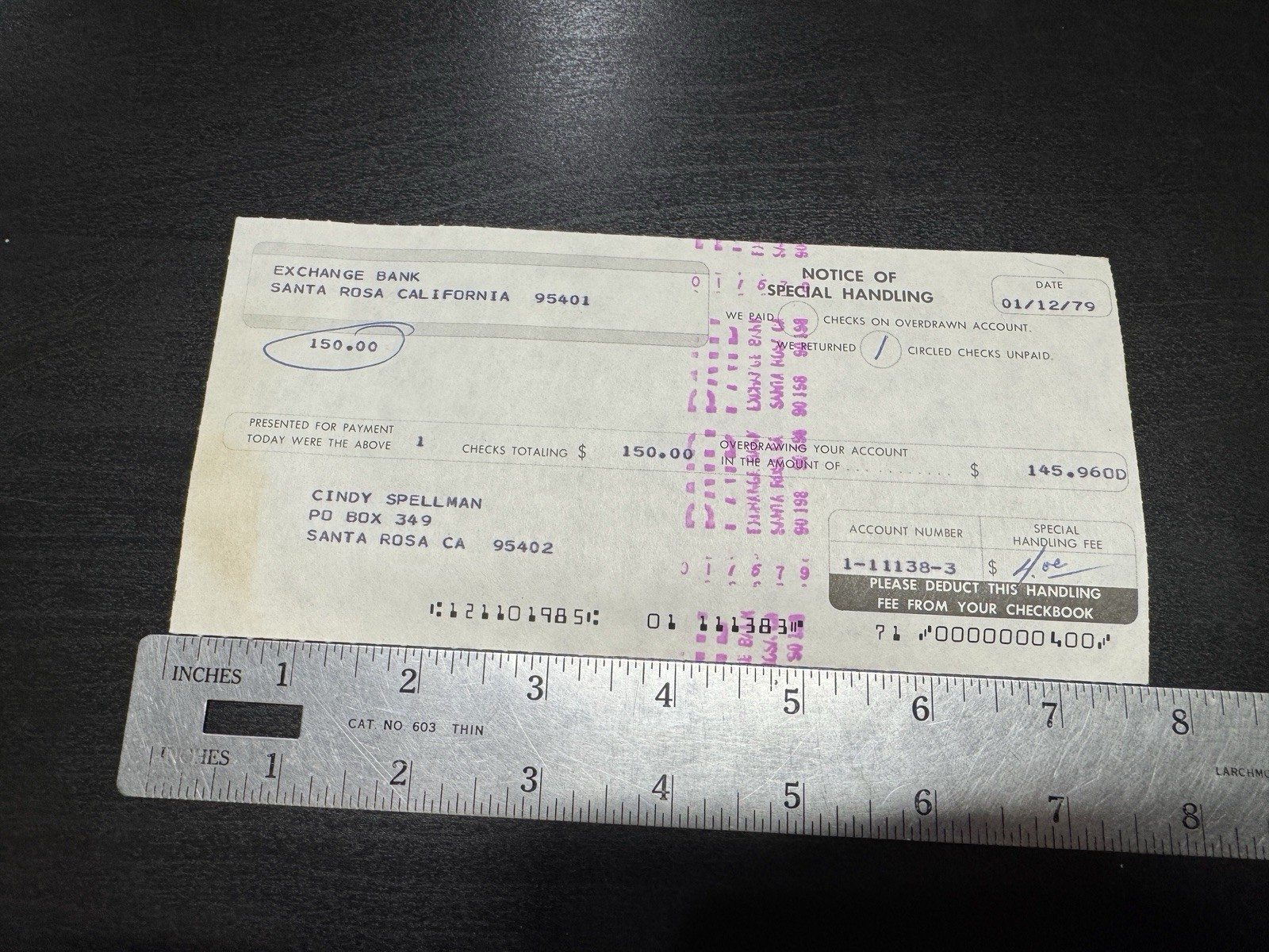 1979 Exchange Bank Santa Rosa CA Overdraft Special Handling Notice Vintage