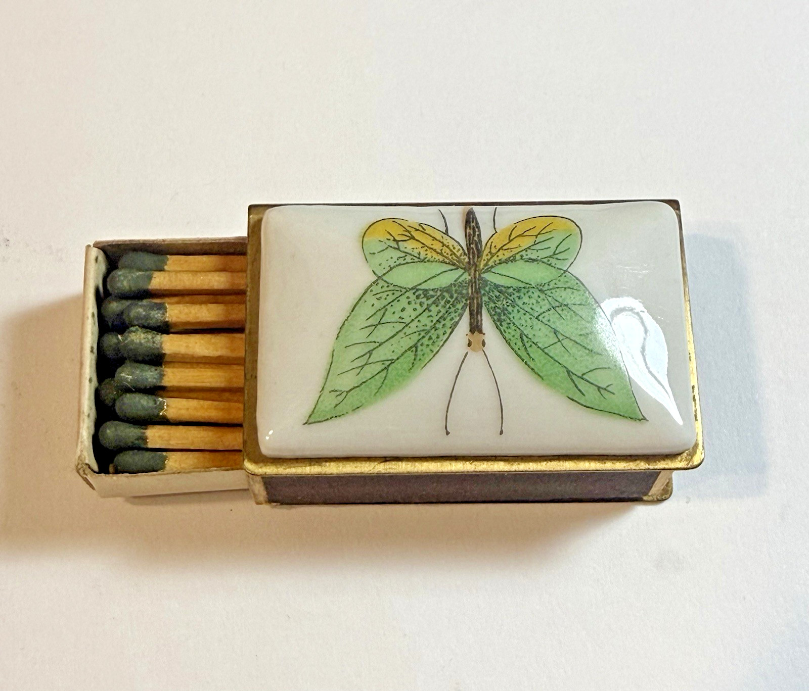 RARE BRASS & PORCELAIN STICK MATCH MATCHBOX HOLDER WITH MATCHES MADE IN SWEDEN