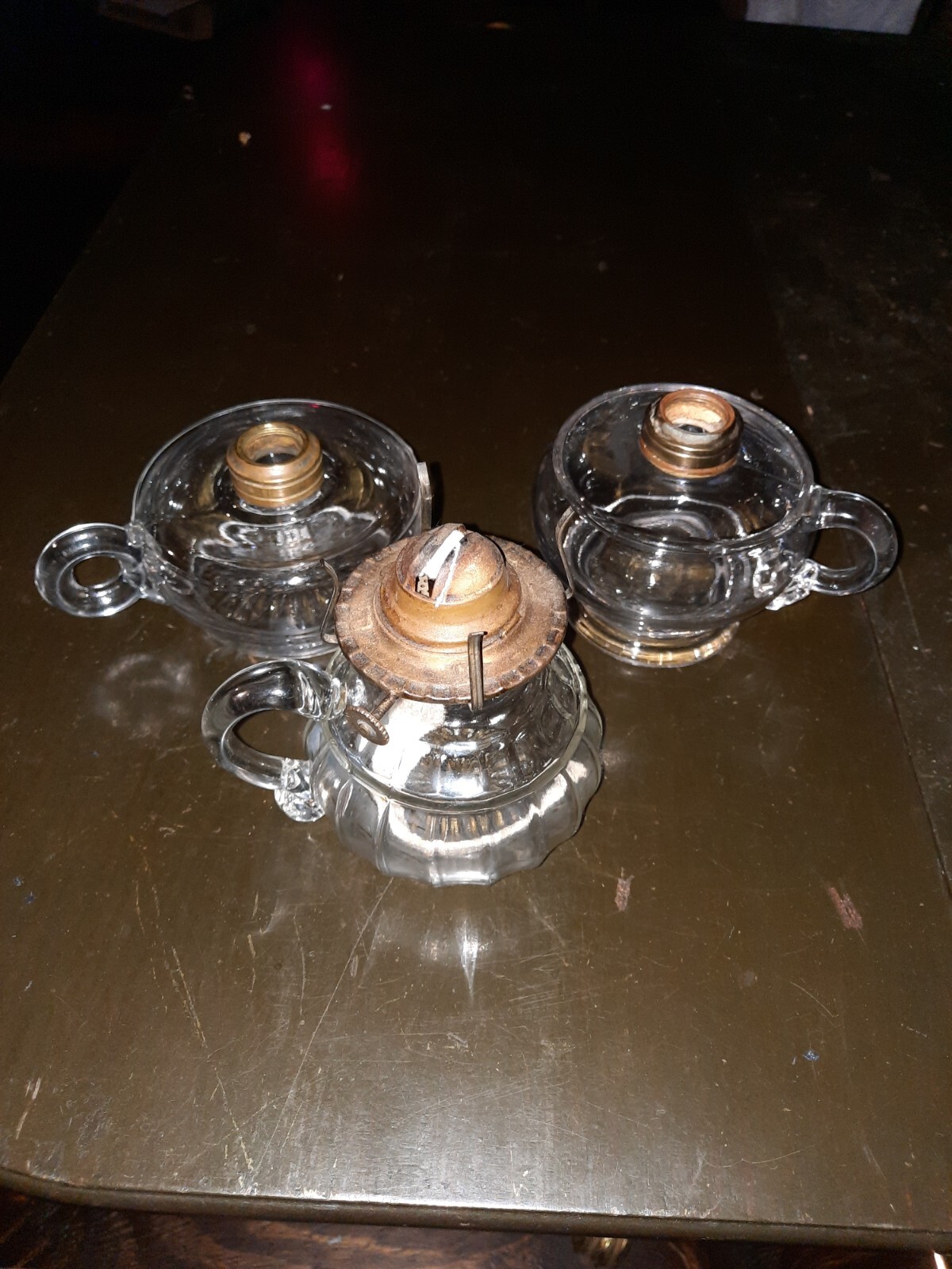 LOT OF 3 VINTAGE ANTIQUE GLASS BRASS FINGER OIL LAMPS Unusual pumpkin shape