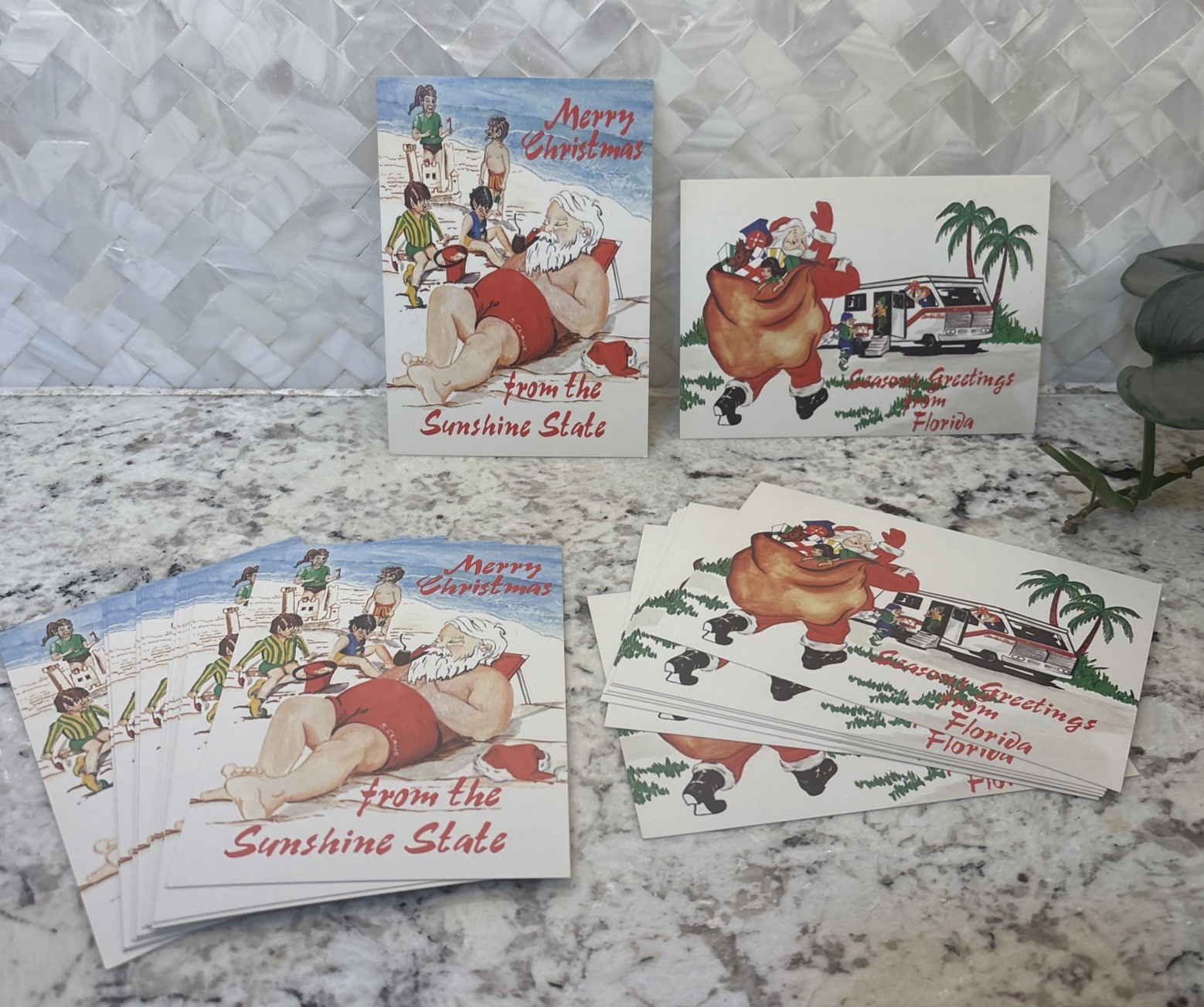 27 NOS Vtg Style Postcards Card Christmas Santa Claus Florida RV Beach READ