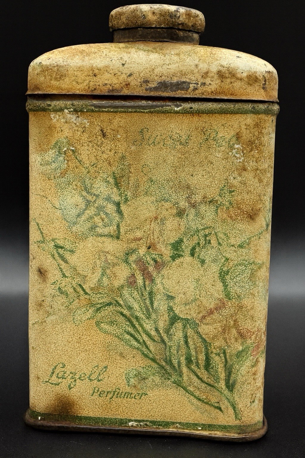 Antique Lazell Sweet Pea Talc Tin c 1910 Advertising Floral Patina Cottage Decor