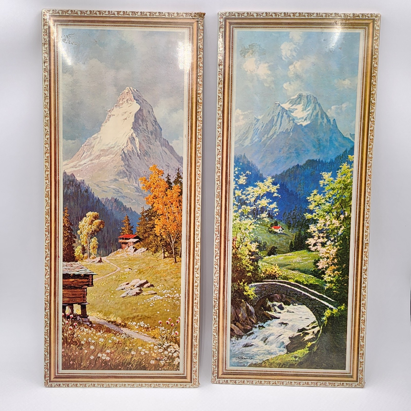 Vintage 1960s Monetti Swiss Alps Framed Prints Pair Donald Art Co Panoramic 10