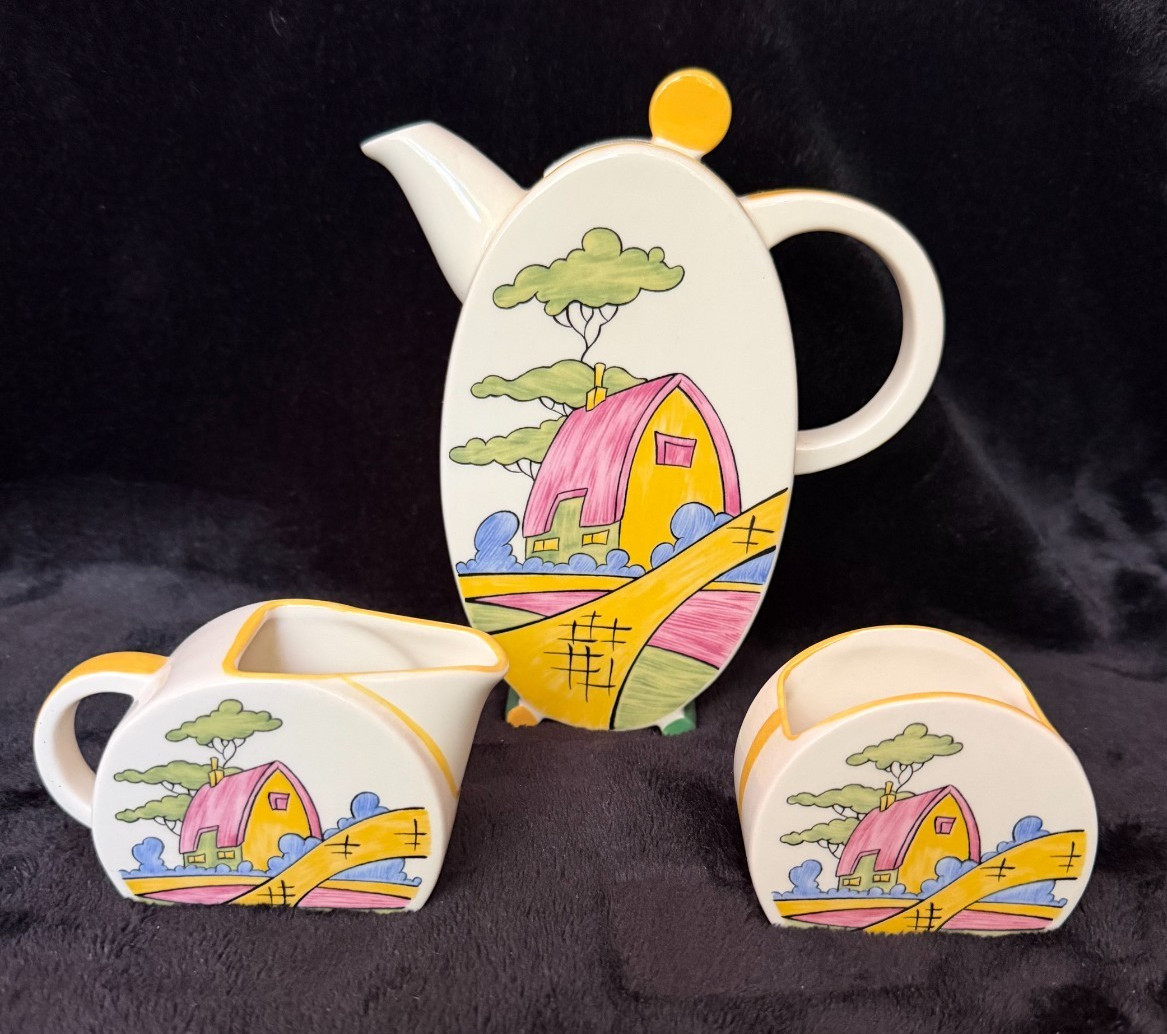Clarice Cliff Wedgwood Pink Roof Cottage Bonjour Coffee Set 1990 Reproduction