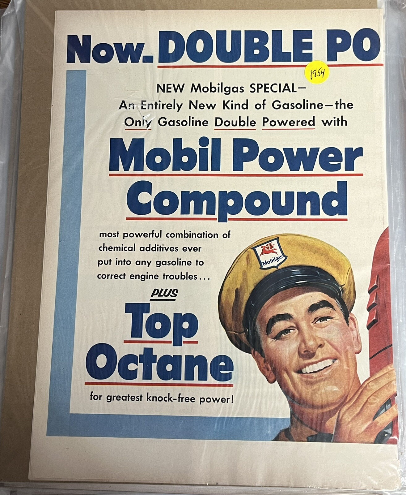 1954 Mobil Oil Gas Ad Now Double Powered Gasoline. New. In protective Sleeve