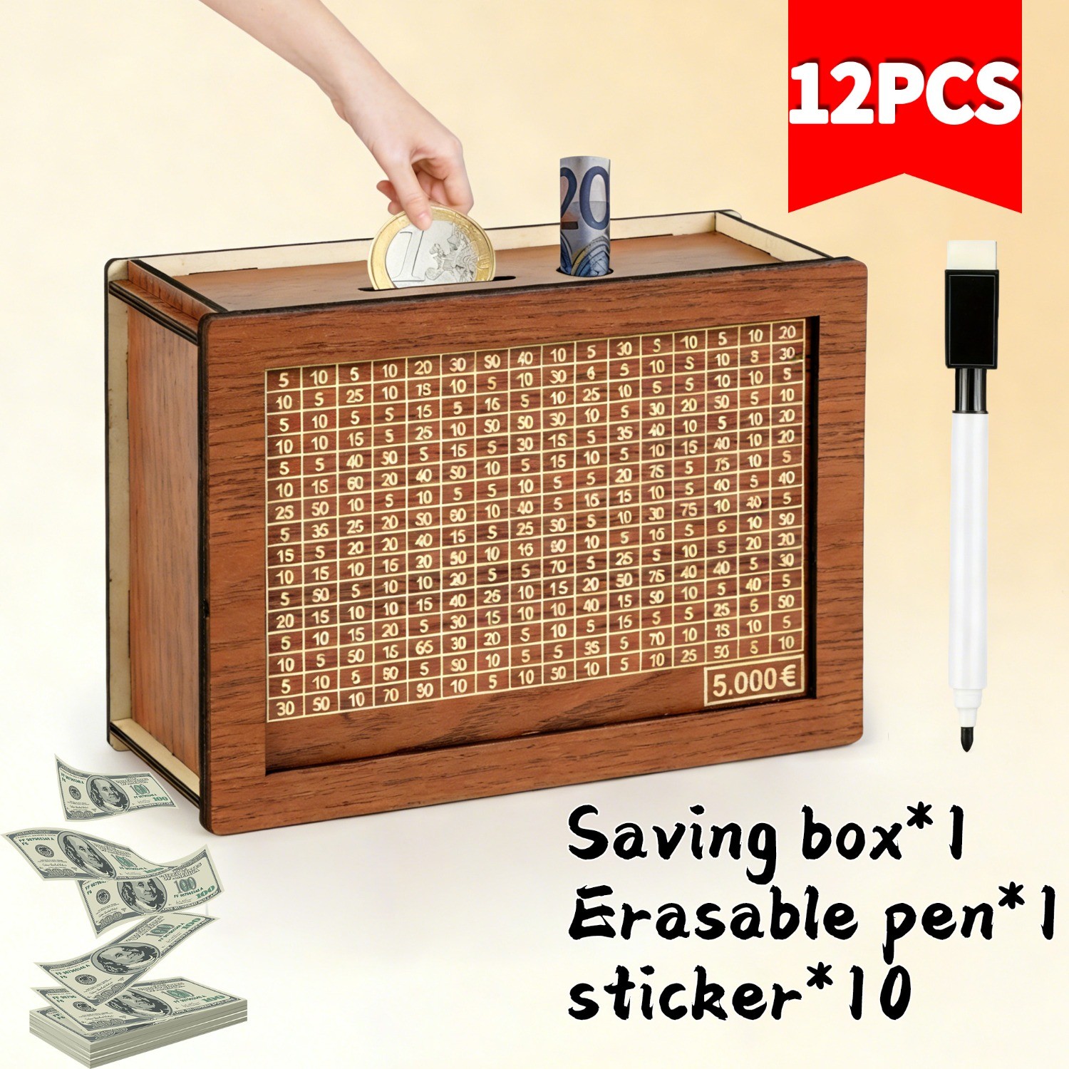 12pcs Wooden Money-Saving Box, Wooden Cash Safe Deposit Box with Target