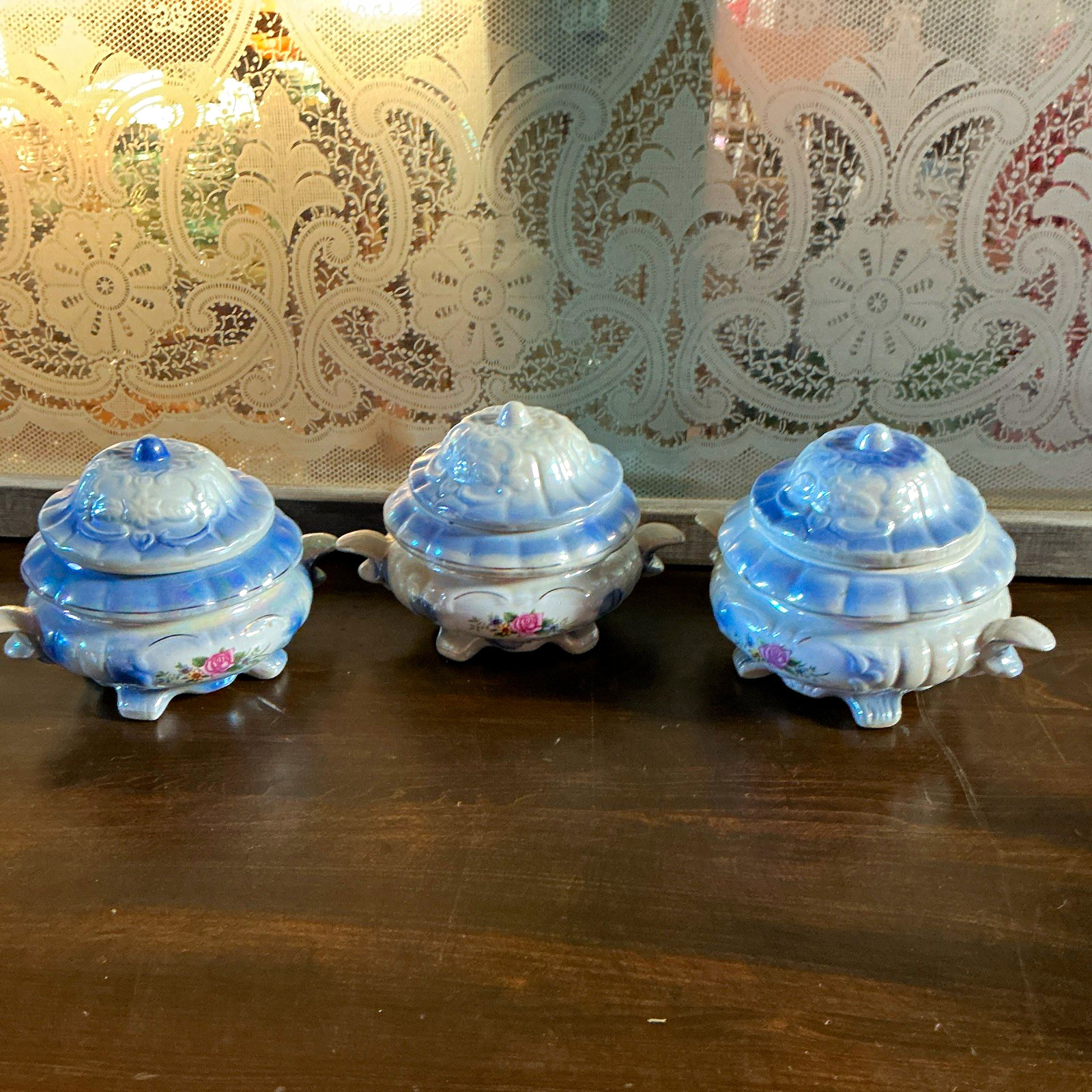 Set of 3 vintage Japanese lusterware limited and footed iridescent blue
