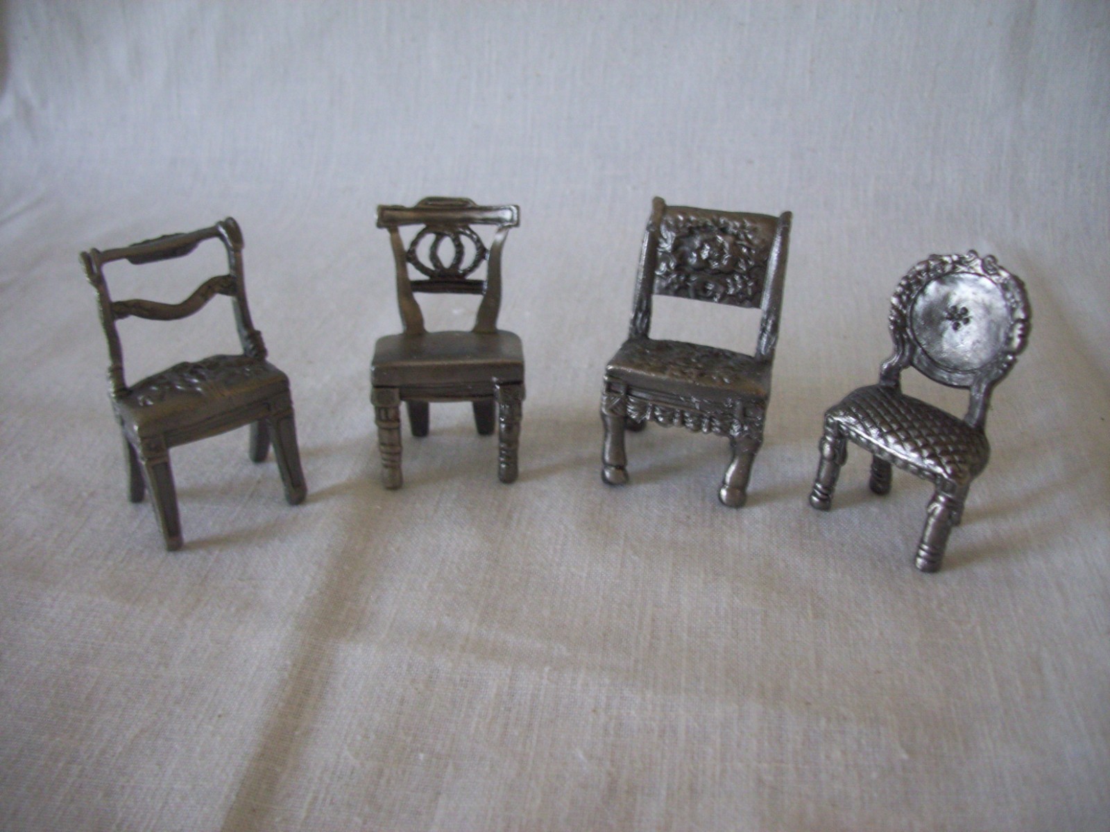 4 Vintage Pewter Miniature Chairs Card Holders Doll House Trinket Victorian