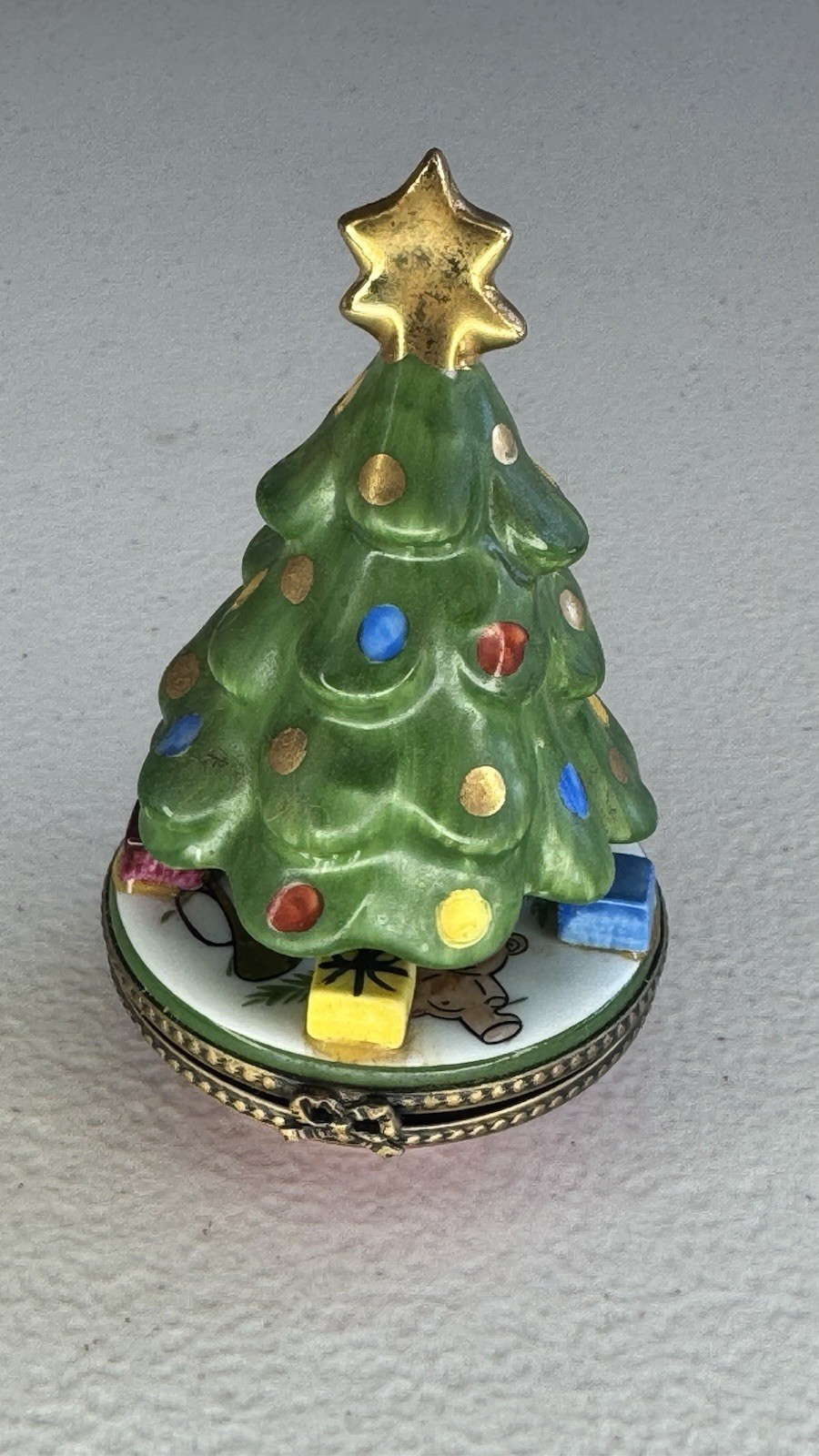Eximious Limoges France Christmas Tree Trinket Box Peint Main REPAIRED 3.5\