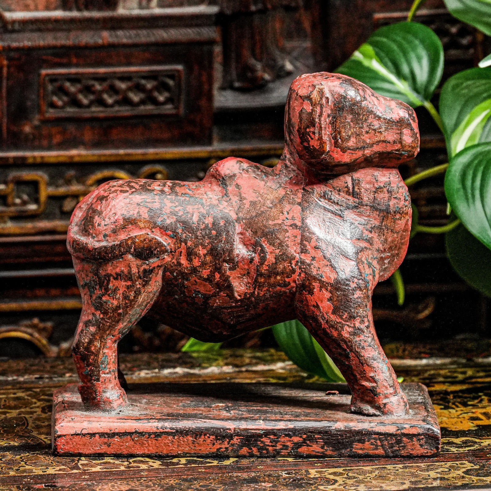 Hand Carved Vintage Asian Folk Art Wood Animal Sculpture Statue Distressed
