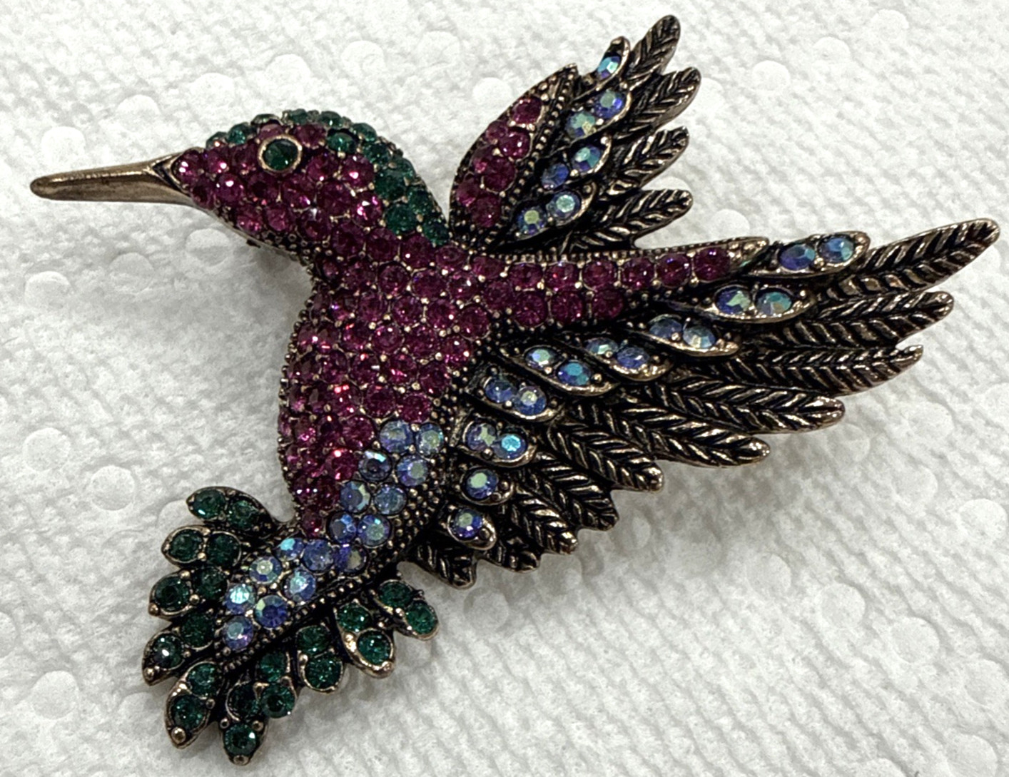 Vintage Style Hummingbird Brooch Pink Green AB Rhinestone Gold Tone Bird Pin