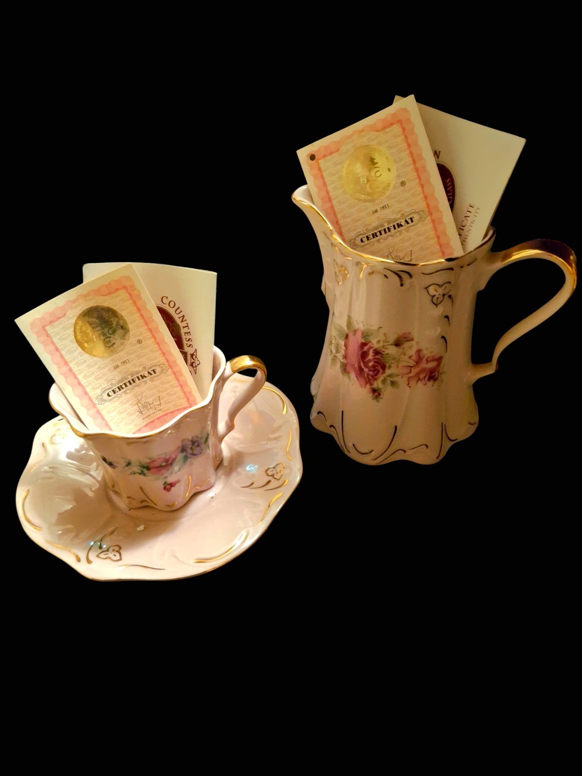 Set Of 3 H&C Haas & Czjzek Rosa Porzellan Art Deco Cups & Pitcher Certificate OA