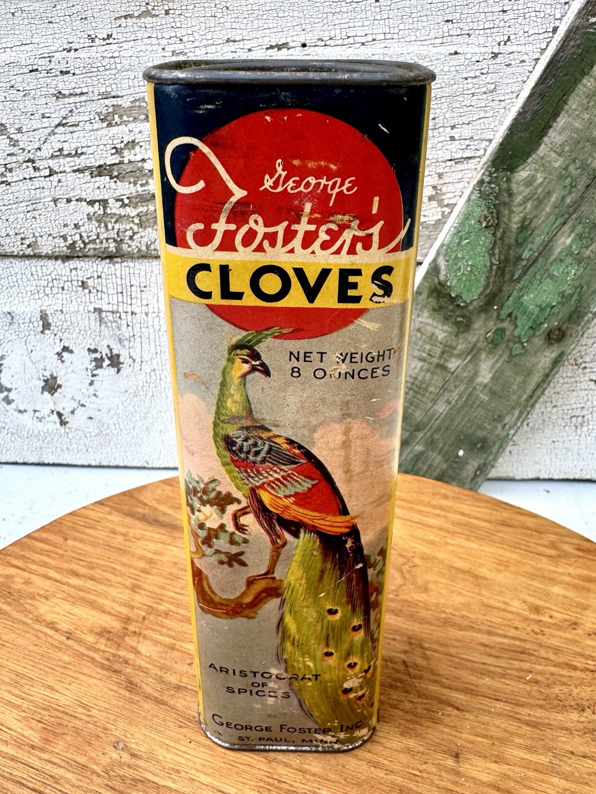 ANTIQUE GF FOSTER Cloves SPICE TIN Peacock BIRD ST PAUL MN COUNTRY STORE CAN