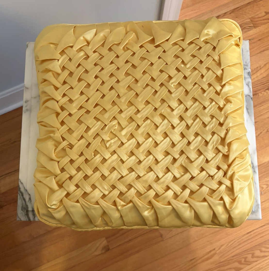 VTG 1960s Yellow Satin,Mid Century 16x16 Geometric,Ruched, Smocked,Tufted Pillow