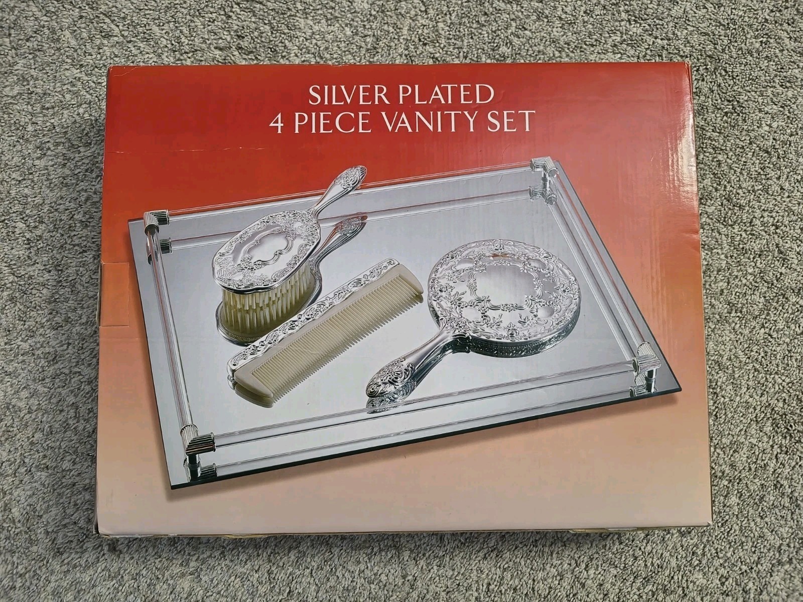Godinger Silver Plated 4 Piece Vanity Set Brush Comb Mirror Tray NOS Vintage