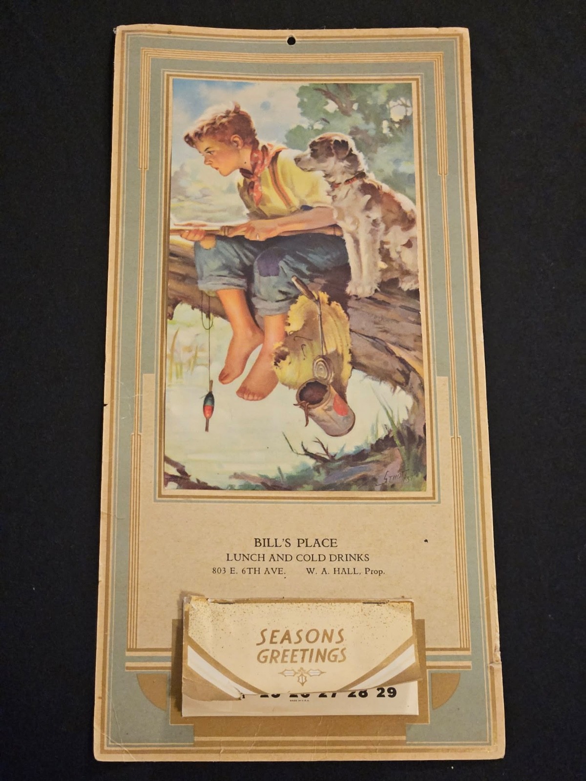 1938 Pre-War Advertising Calendar Bills Place Lunch Fishing Boy Dog Art Complete