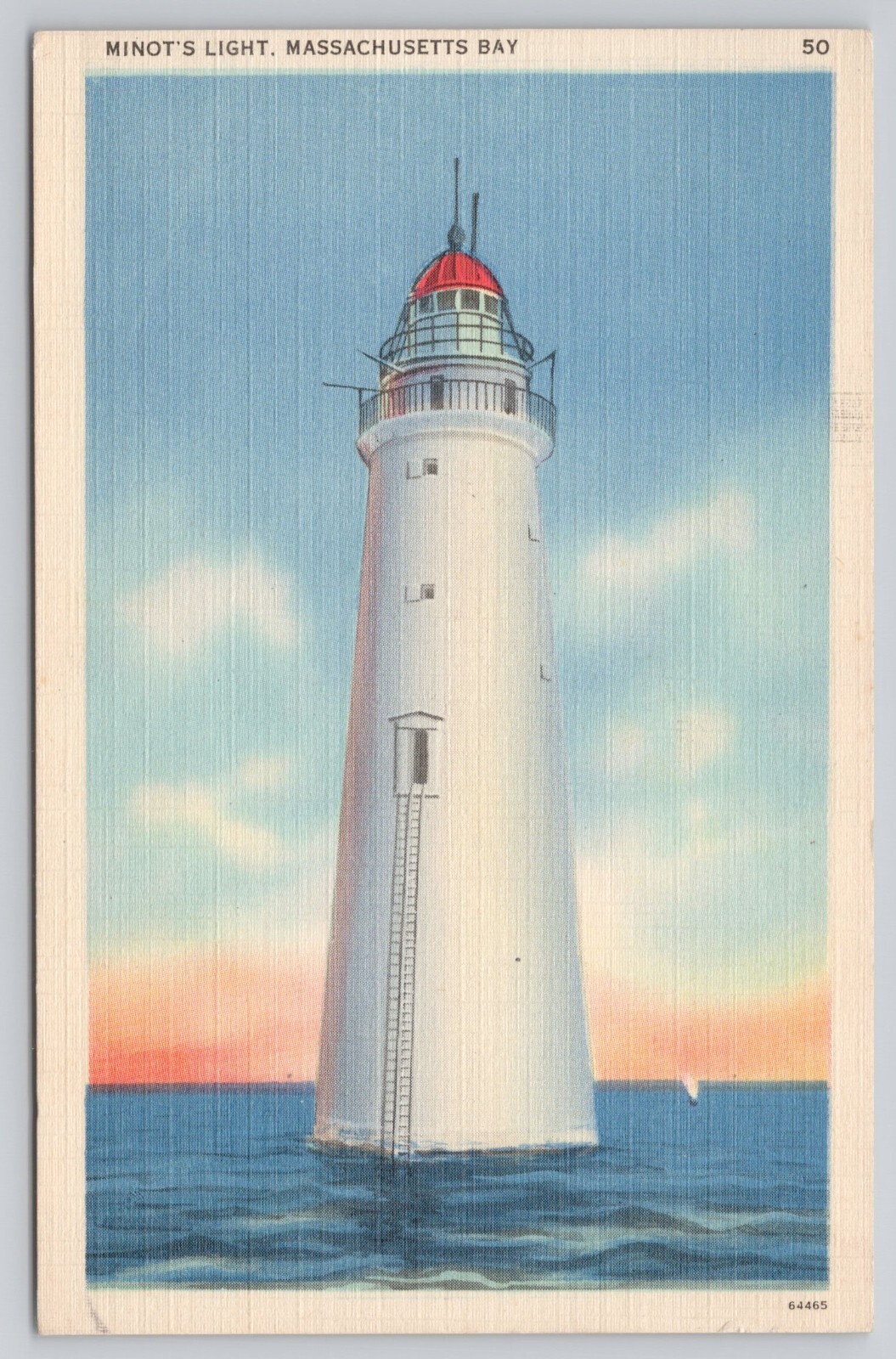 Minot's Light House Massachusetts Bay MA Lighthouse c1938 Postcard
