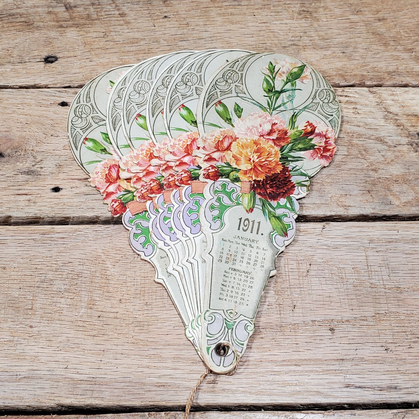 Lovely 1911 Calendar Fan With Beautiful Carnations Nice Shape