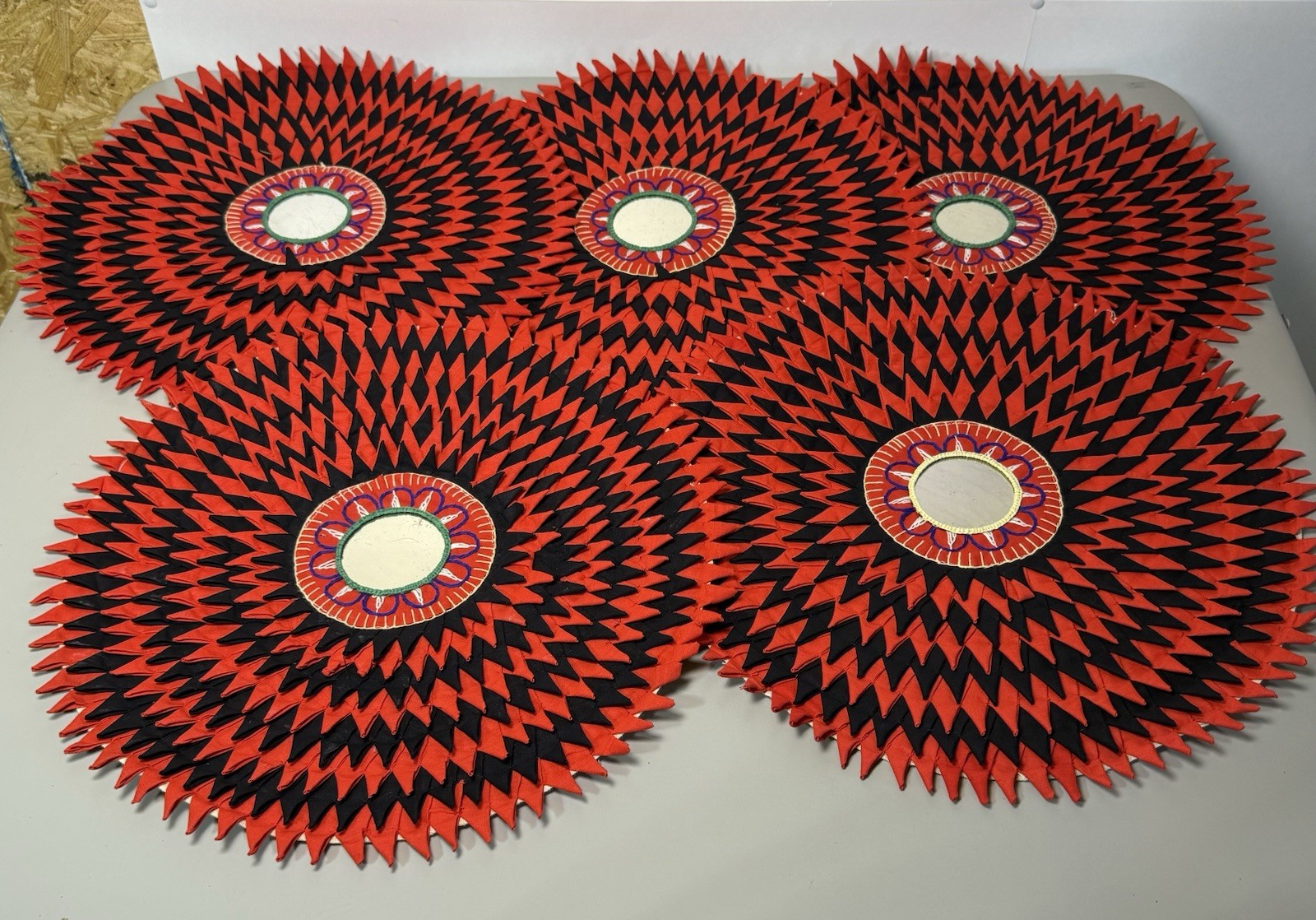 5 Vtg Hand Stitched 16” Pipli Mandala Mats Boho Mirror Work Black Red