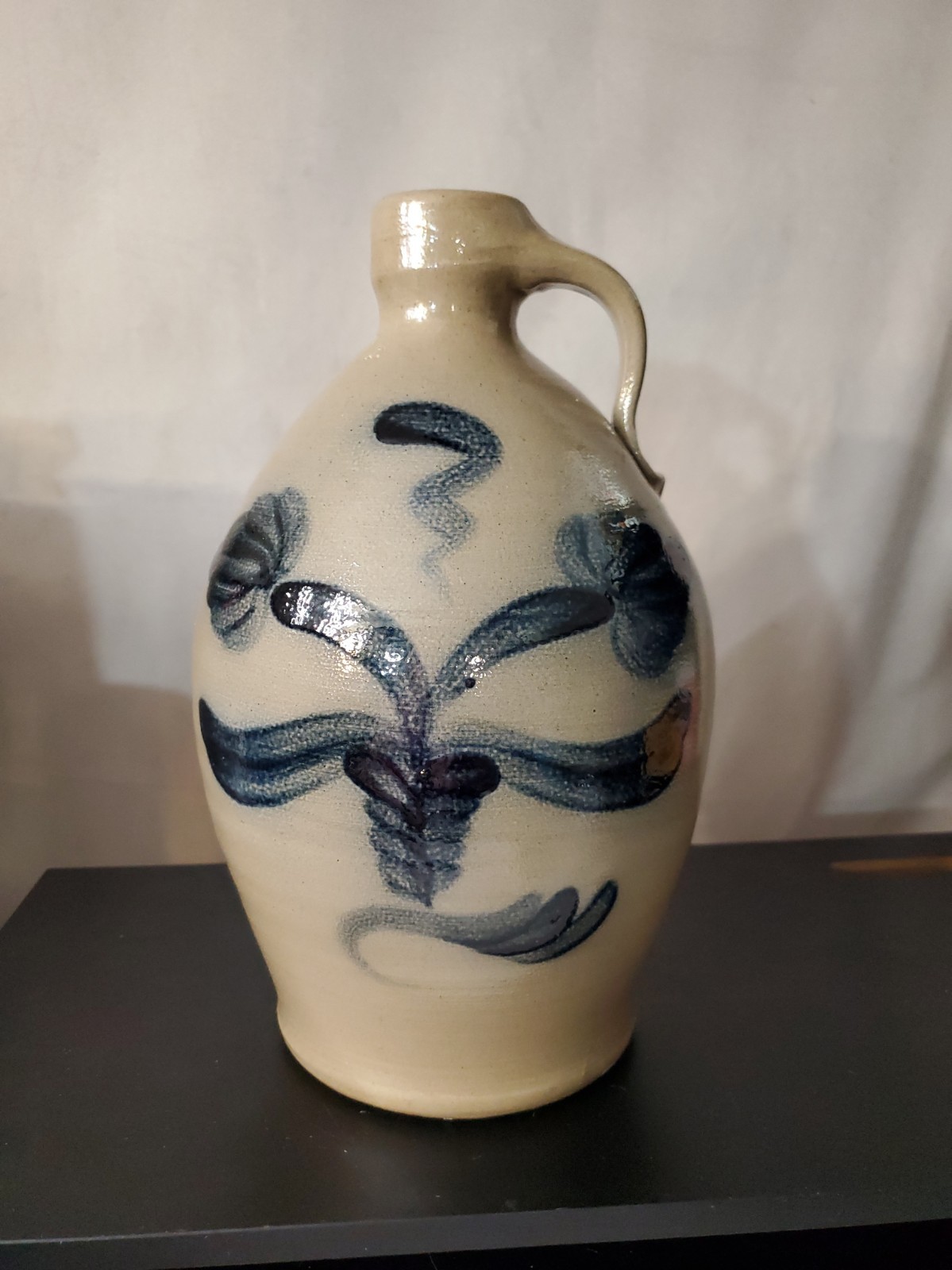 Vintage Salt-Glazed Stoneware Jug 1998 Bob Downs Blue Floral Maple City Pottery 