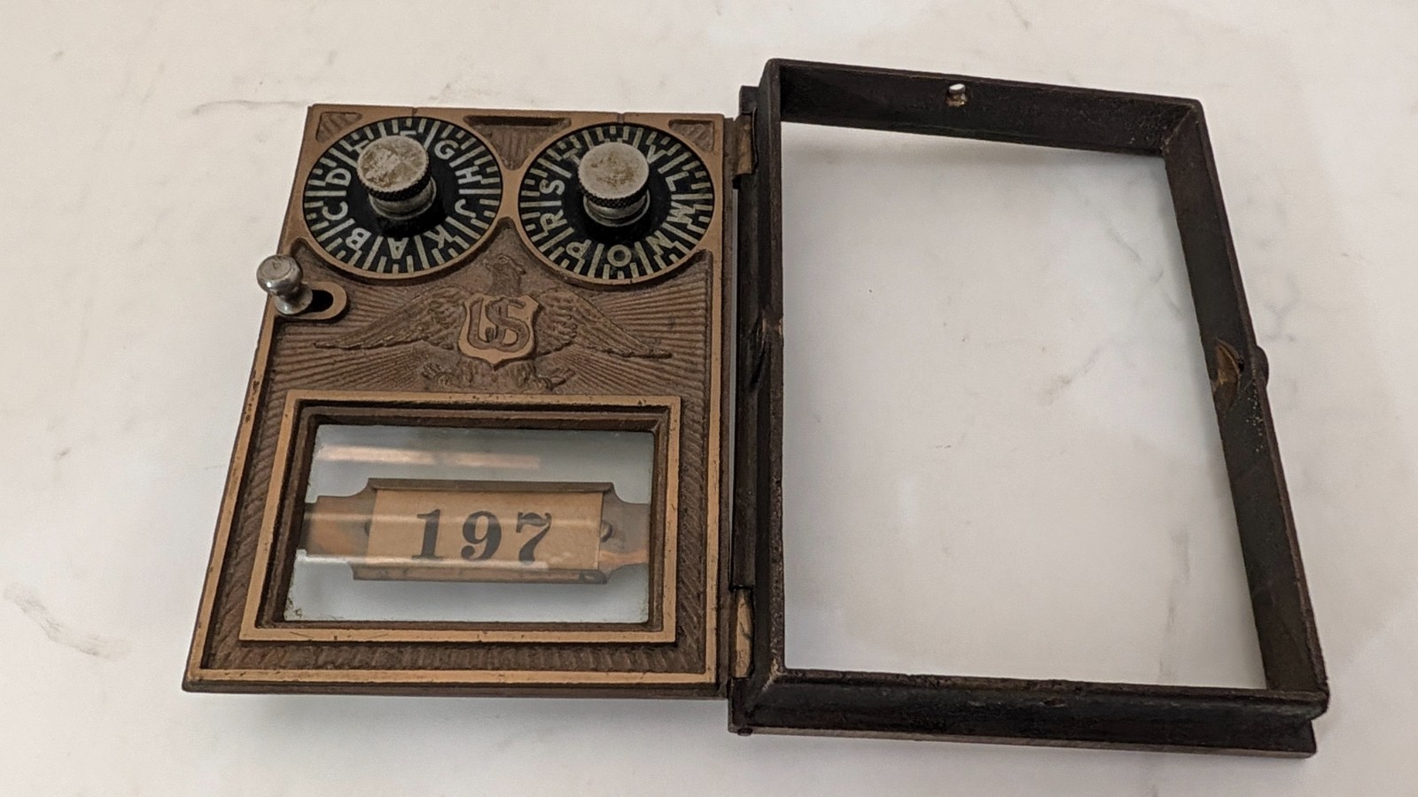 Vintage US Post Office Box Door with Eagle and Dual Combination Locks