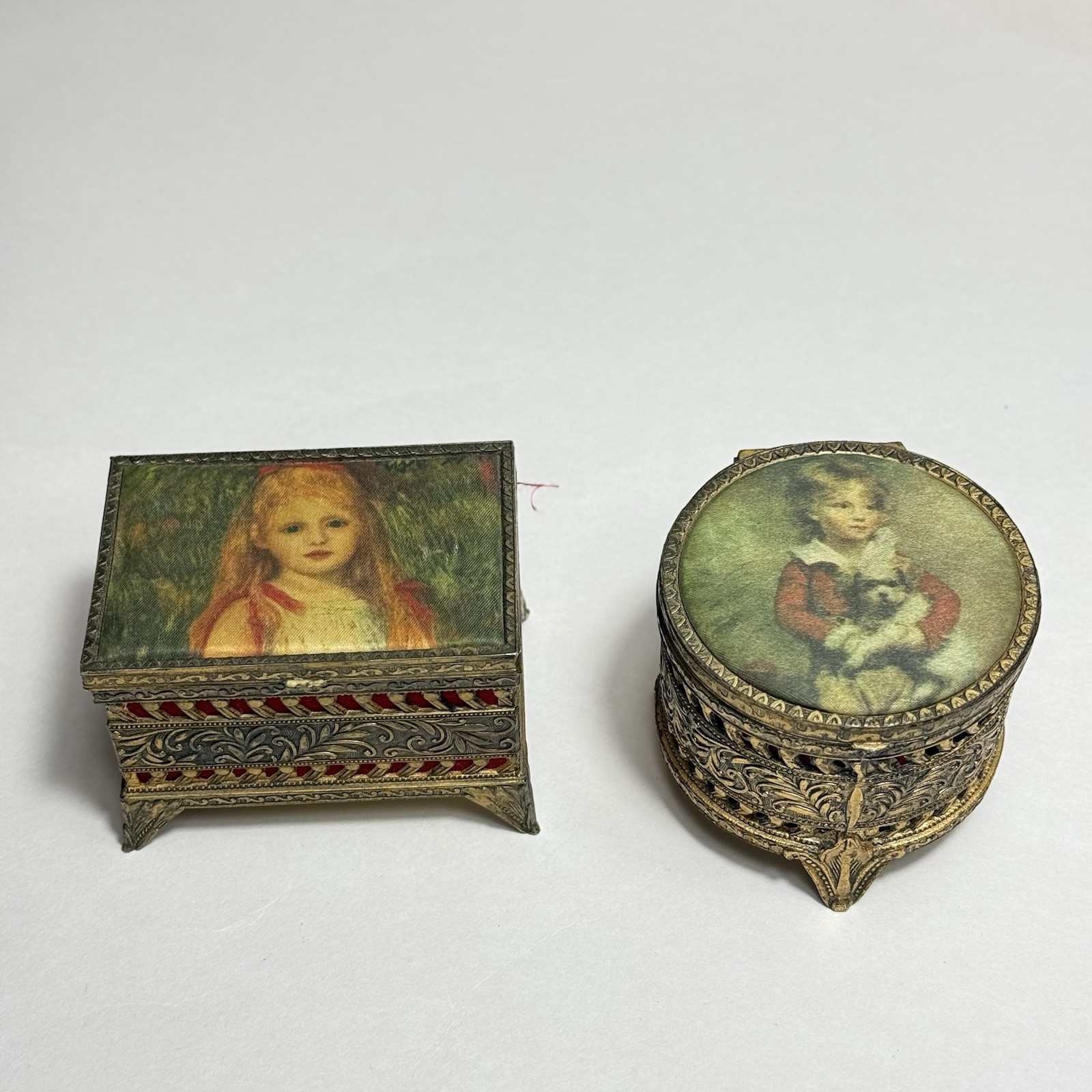 2 Vintage 1950s Trinket Jewelry Boxes Japan Satin Top Ornate Gold Tone Victorian