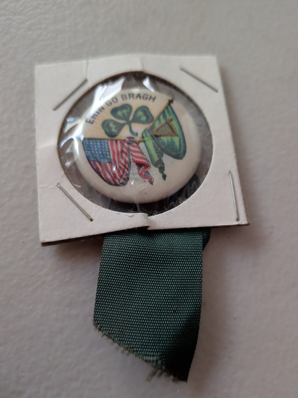 Antique c1910s Erin Go Bragh Celluloid Pinback Button Ribbon Irish Harp Flag