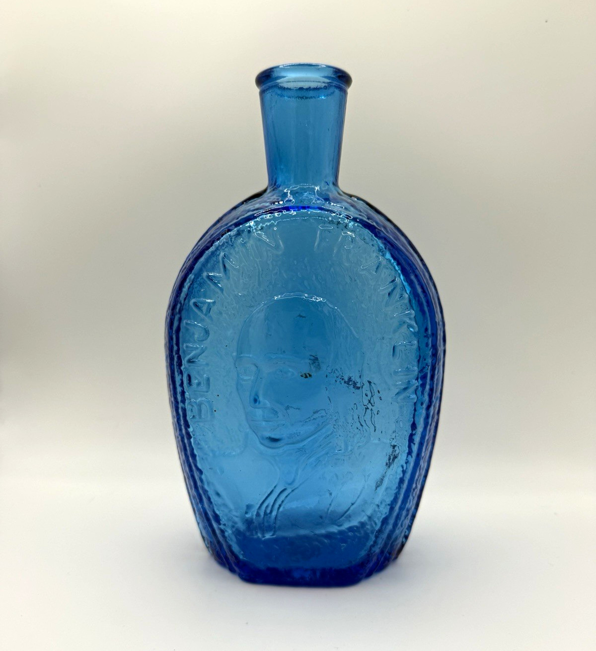 Blue Glass Wheaton Quart Bottle, Embossed Benjamin Franklin