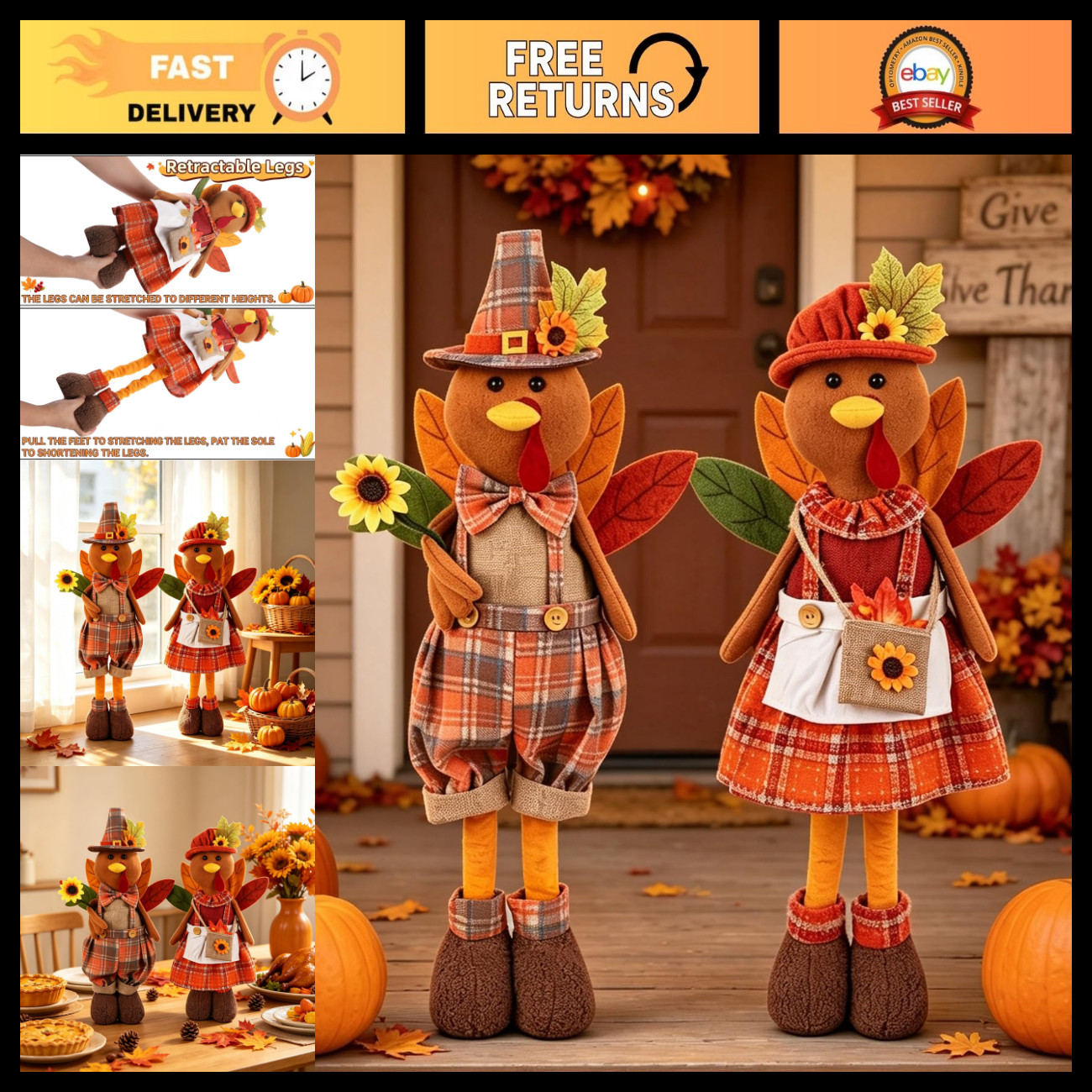 Thanksgiving Turkey Couple Decor - 2 Pack, Stretchable Legs 23\ Thanksgiving Turkey Couple Decor - 2 Pack, Stretchable Legs 23\