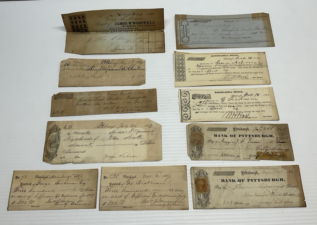 Antique 1850s-1860s Pittsburgh PA Ephemera Lot Bank Checks Monogahela Bridge