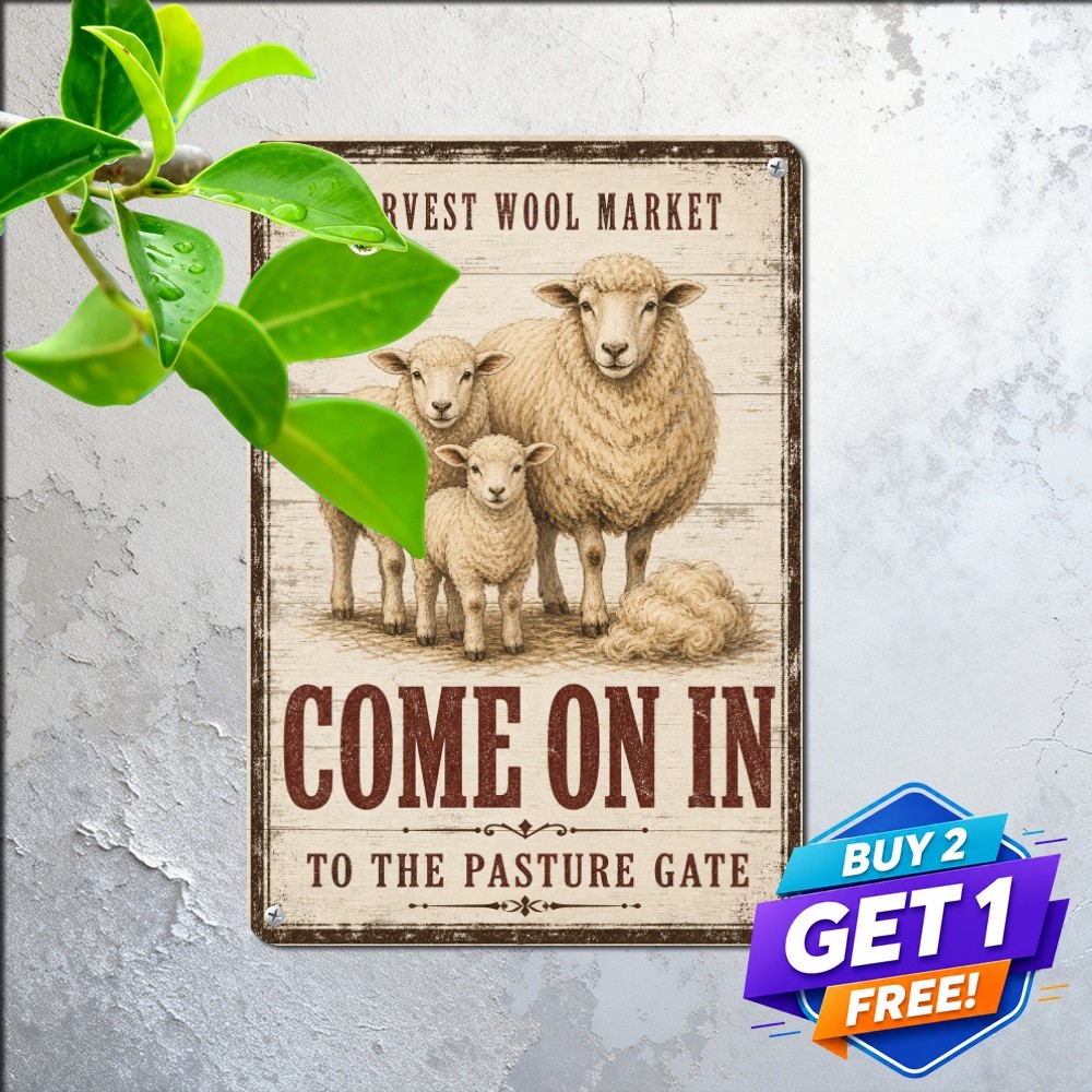 Rustic Sheep Farm Welcome Tin Sign Country Wool Barnyard Metal Wall Plaque